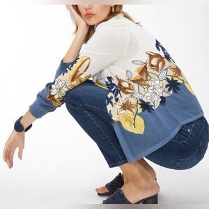 Chico's Women's Open Front Floral White Blue Cardigan Sweater Size XL NWT